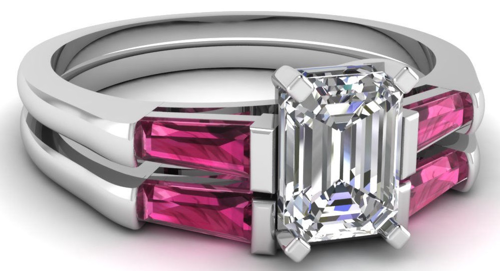 Emerald Cut Diamond & Pink Sapphire Trilogy Wedding Rings Set VVS1-D GIA