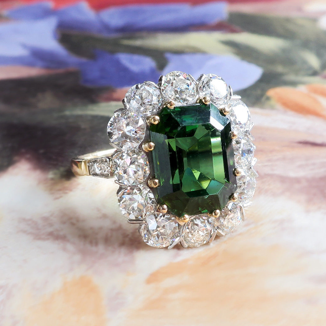 7.95ct t.w. Emerald Cut Tourmaline & Old European Diamond Halo Ring 18k Platinum