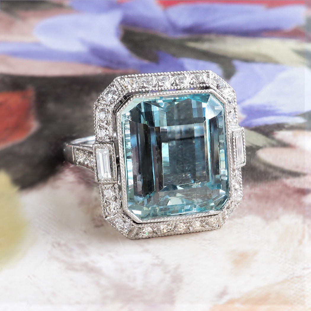 8.50ct t.w. Art Deco Style Emerald Cut Aquamarine & Old Diamond Platinum Ring