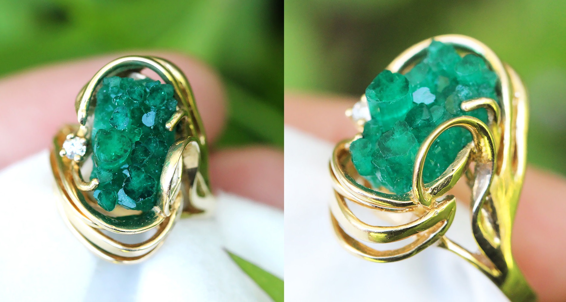 Vintage Chatham Emerald Crystal Ring with Diamond in 14kt Yellow Gold