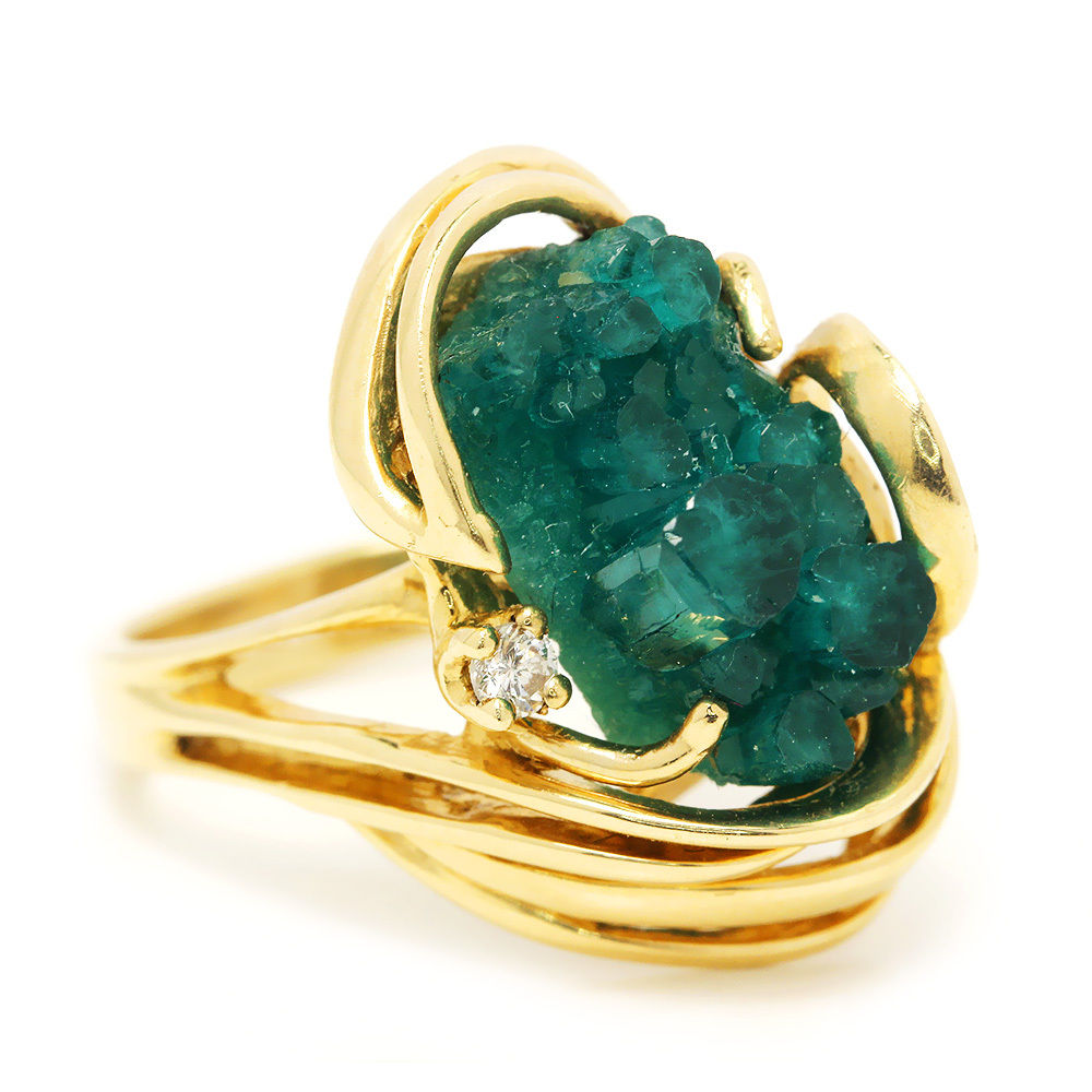 Vintage Chatham Emerald Crystal Ring with Diamond in 14kt Yellow Gold