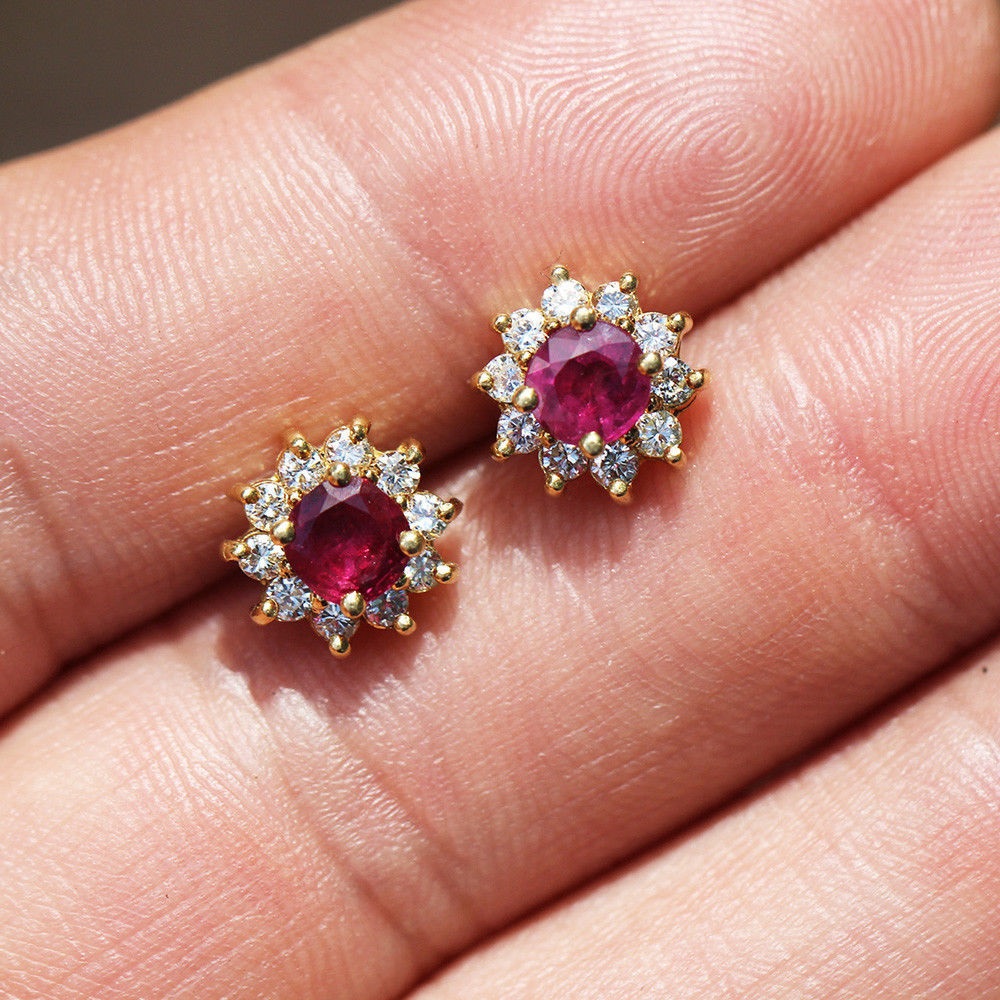 Estate Ruby Stud Earrings with Diamonds in 18kt Yellow Gold 1.60ctw