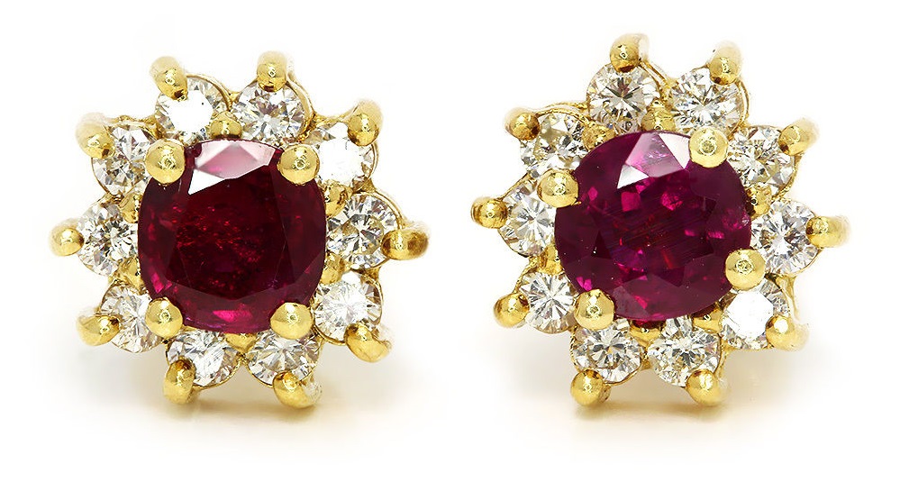 Estate Ruby Stud Earrings with Diamonds in 18kt Yellow Gold 1.60ctw