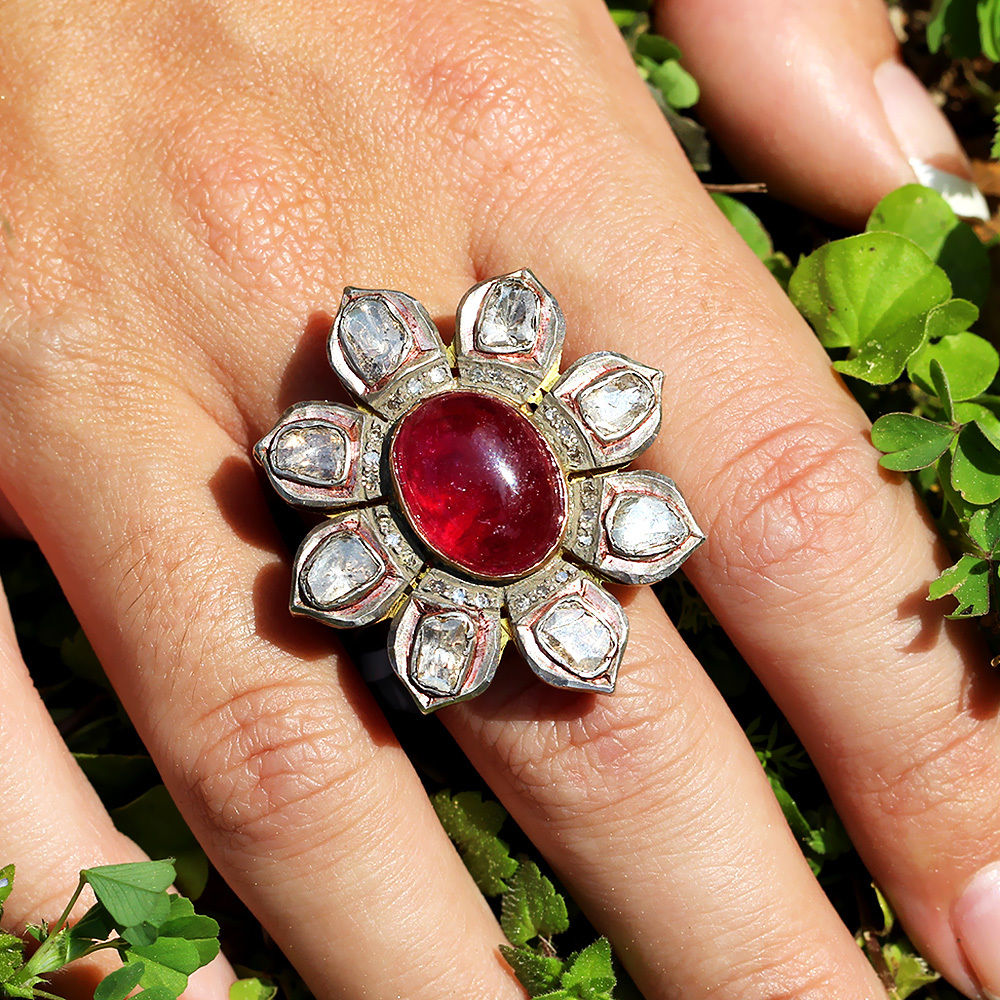 Rubellite Flower Ring with Bezel Set Diamonds in Sterling Silver 9.50ctw