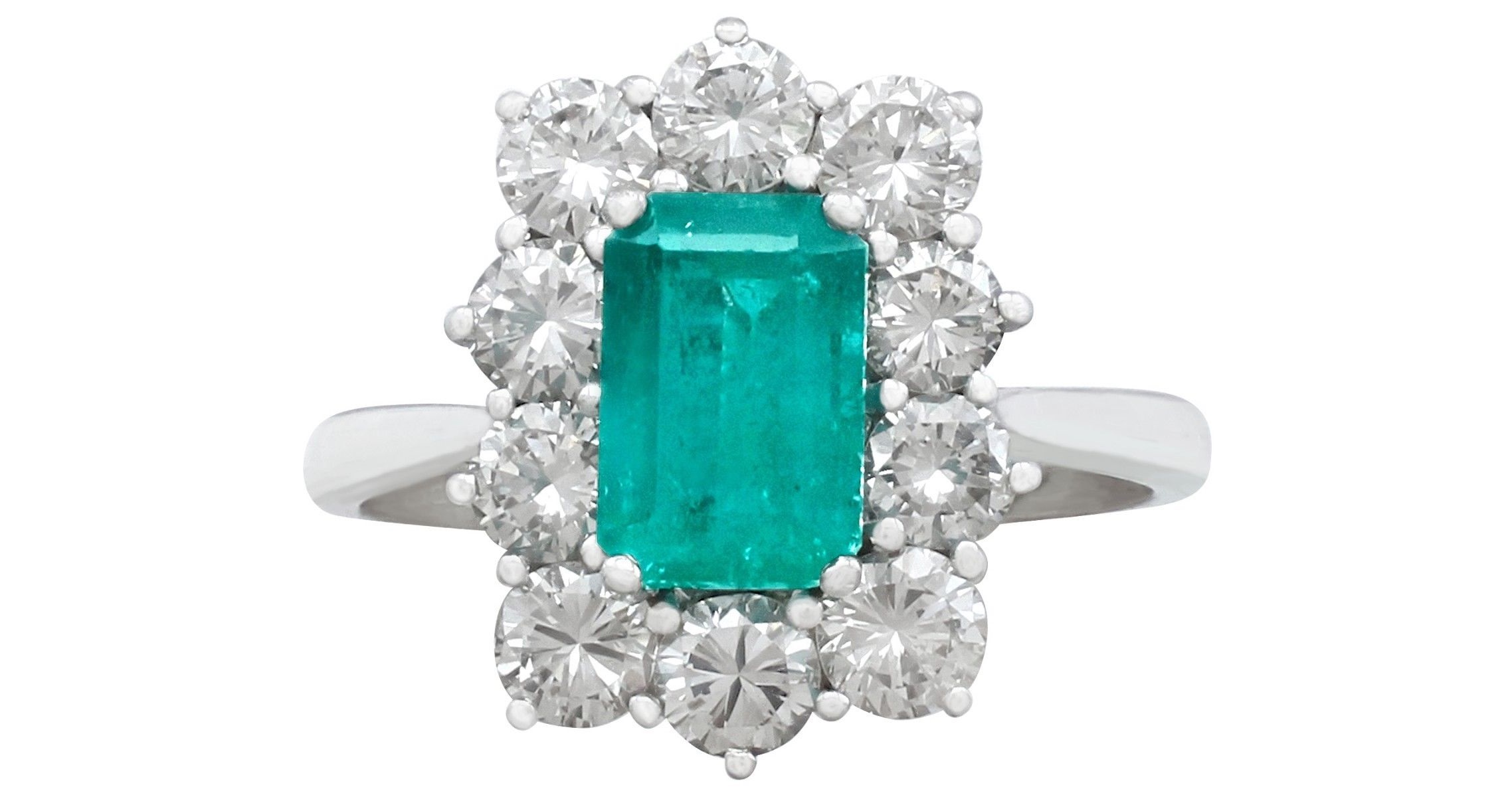 Vintage 1.57 Ct Emerald and 1.72 Ct Diamond, 18k White Gold and Cluster Ring