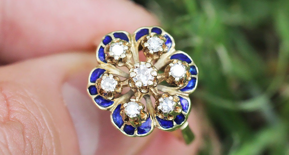 Vintage Diamond Cluster Flower Ring with Blue Enamel in 14K Yellow Gold .60ctw