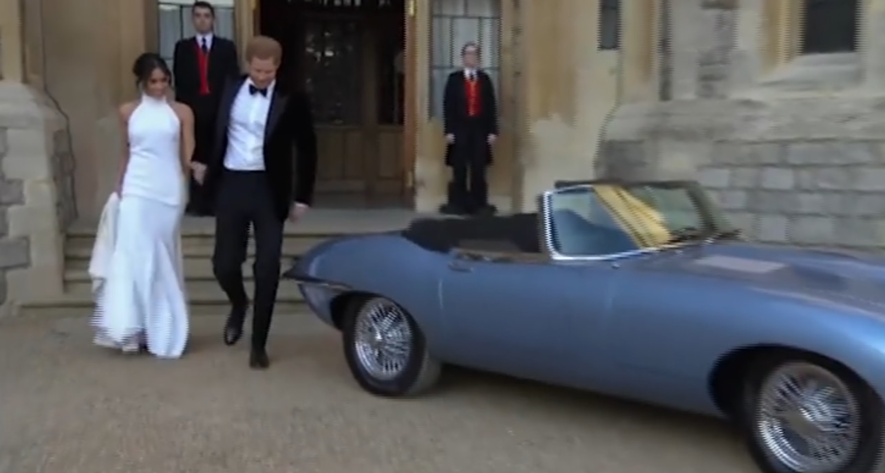 The Duke and Duchess of Sussex have driven off into the sunset in a light blue 1968 Jaguar E-Type Concept Zero headed for the reception at Frogmore House. 