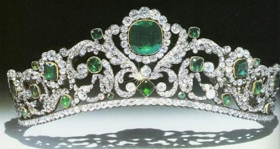 The Angouleme Emerald Tiara.  The diamond and emerald tiara made for the Duchess of Angoulême by Bapst, on display with the rest of the French crown jewels at the Louvre Museum in Paris, 2016 This gorgeous tiara was made by Evrard and Frederic Bapst for the French crown jewels in 1820. There are 1031 diamonds and 40 emeralds in the setting. When sold in 1887, an observer remarked that anyone who had not seen it 'does not know what an emerald is, the green stones alternate with the brilliants in such a manner that there is an interplay of colored light, the effect of which is magical.