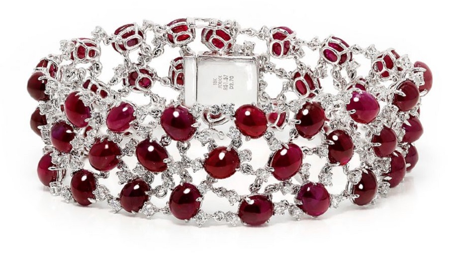 Cabochon Ruby Cluster Bracelet with Diamonds in 18kt White Gold 54.27ctw