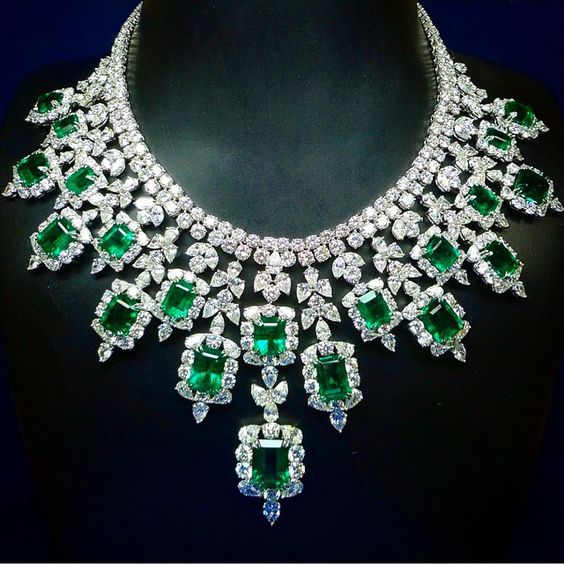 “Platinum, Diamonds, and Emeralds Bib Necklace