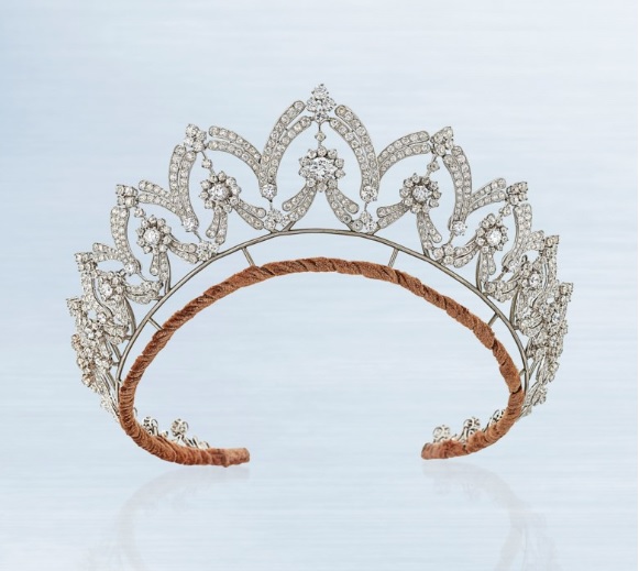 Art Déco Diamond Tiara/necklace, Boucheron, circular and old-cut diamonds, with tiara frame circa 1935. Diameter 48.5 cm, signed Boucheron RM, original fitted navy Boucheron case. Estimate: £35,000-45,000. Offered in Important Jewels on 13 June at Christie’s in London