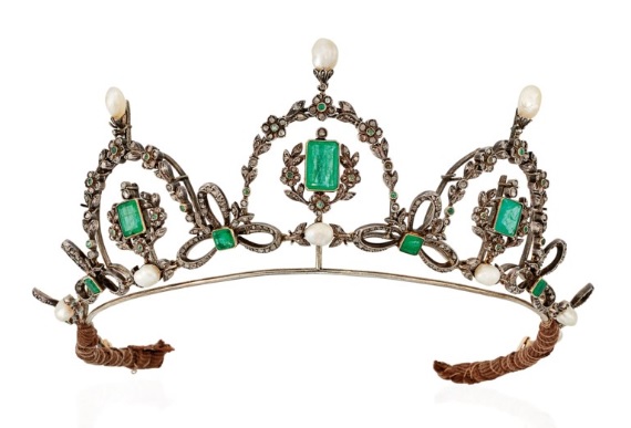 Late 19th Century Emerald and Diamond Tiara / Necklace. Square and rectangular-cut emeralds, rose-cut diamonds, silver and gold, with tiara frame, circa 1890, 35.0 cm. Estimate: £6,000-8,000. Offered in Important Jewels on 13 June at Christie’s in London