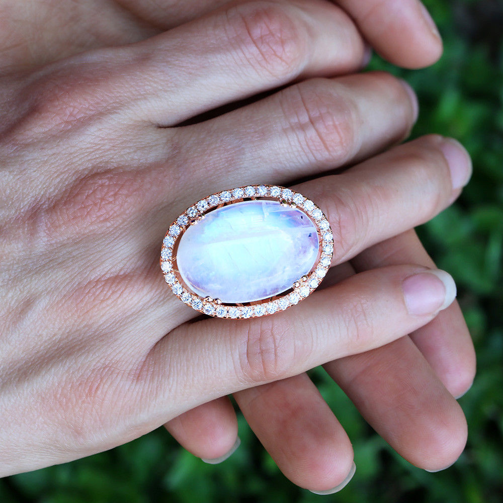 Large Oval Moonstone Halo Ring with Diamonds 14K Rose Gold 28.03ctw