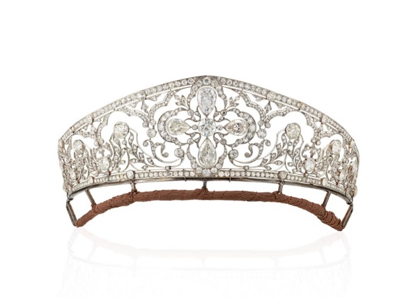 Important Belle Époque Diamond Tiara, old-cut, old pear-shaped and rose-cut diamonds, platinum circa 1905. Old-cut, old pear-shaped and rose-cut diamonds, platinum, circa 1905, inner circumference 21.2 cm. Formerly the property of HRH the Crown Princess of Yugoslavia, from the collection of the Princes of Orléans-Braganza. Estimate: £140,000-210,000.