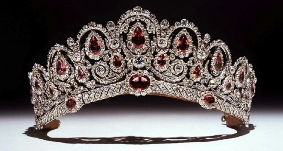 Princess Ekatarina Bagration's Antique Tiara, Russia (circa 1810; probably made by J.B. Fossin; pink spinels, diamonds, gold). Purchased in 1977 by the Duke of Westminster for his fiance.