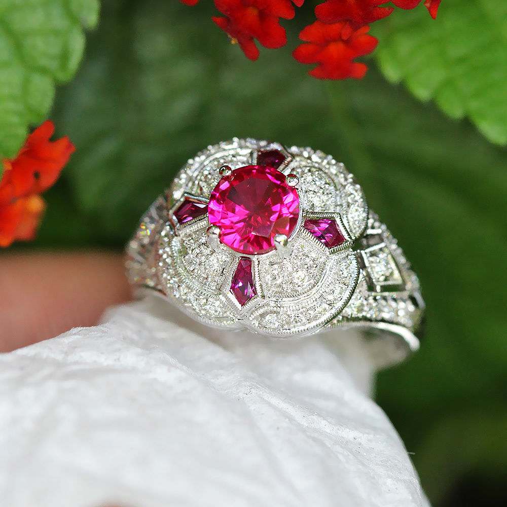 Ruby Filigree Ring with Pentagonal Rubies & Diamonds 18K White Gold 1.94ctw
