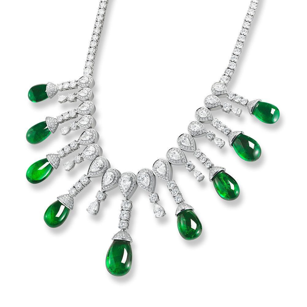 153.43 Ct Natural Matching Drop Emerald and Diamond Necklace GIA Certified
