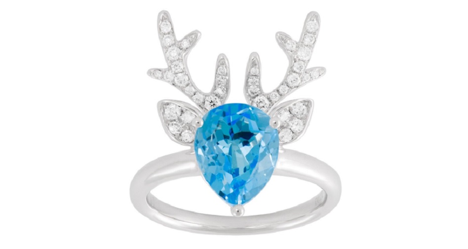 18 Karat White Gold Blue Topaz and Diamond Deer Antler Ring