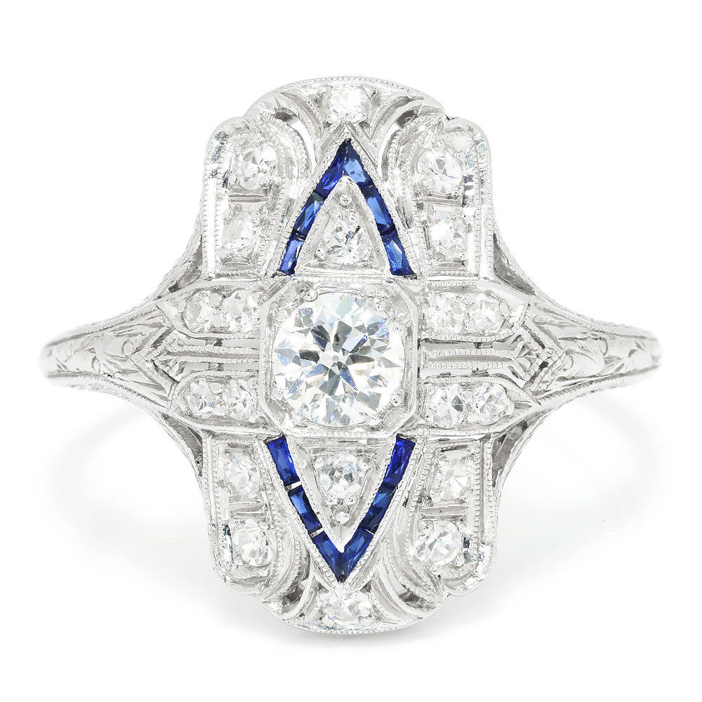 Vintage Art Deco Diamond Ring with Sapphires in Platinum 1.00ctw
