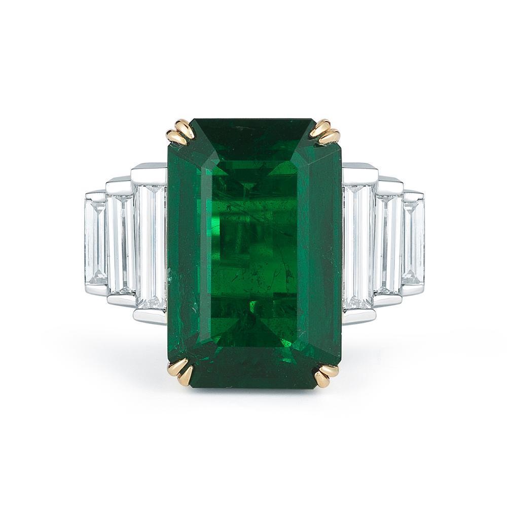  13.96 ct Emerald and Diamond Platinum and 18 K Gold Ring GIA Certified