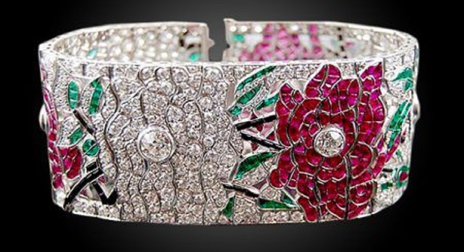 Platinum Diamond, Ruby, Emerald, Onyx Flower Bracelet
