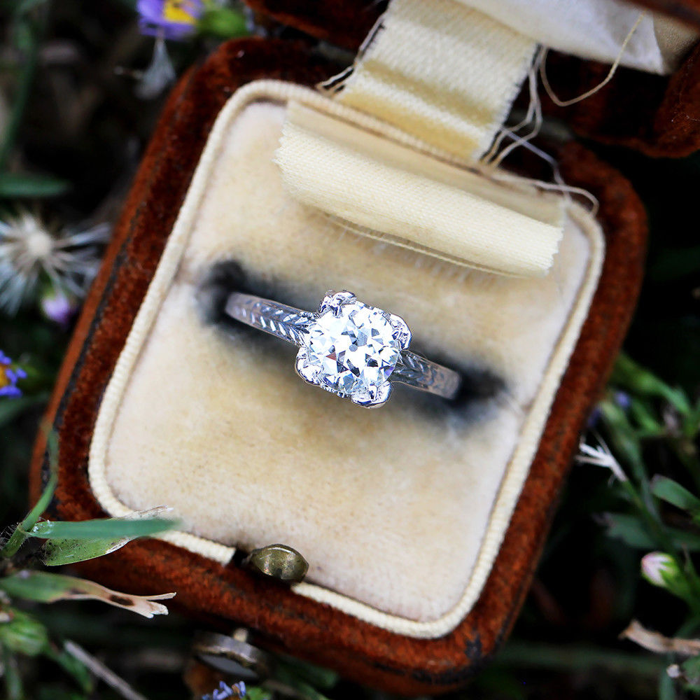 Old European Diamond Solitaire Engagement Ring in 20kt White Gold .90 Carat