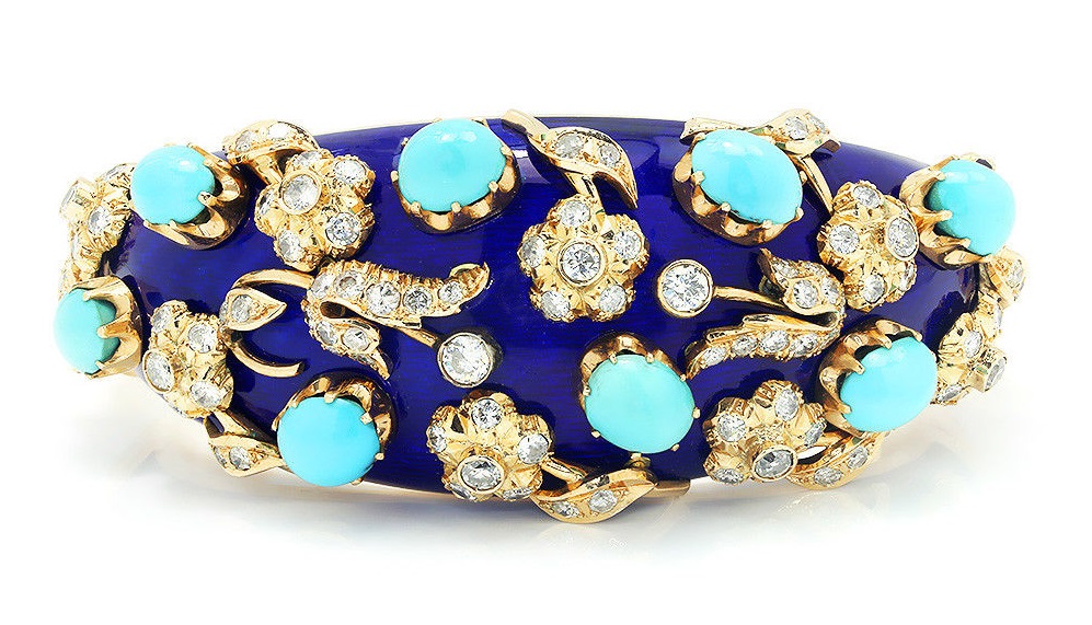 Vintage Turquoise & Diamond Floral Bangle with Enamel in 14Kt Yellow Gold 22.30ctw