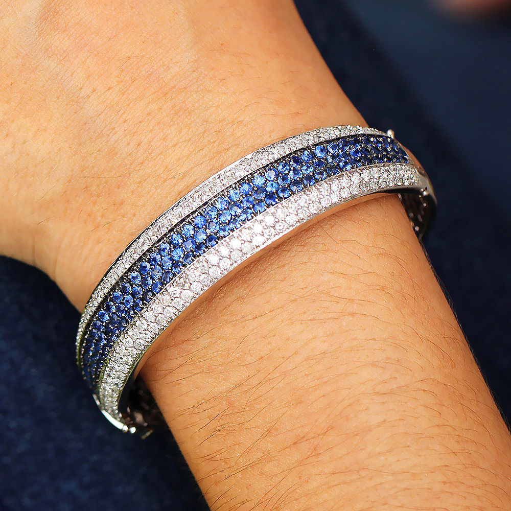 Sapphire Cluster Bangle Bracelet with Diamonds in 14kt White Gold 9.00ctw