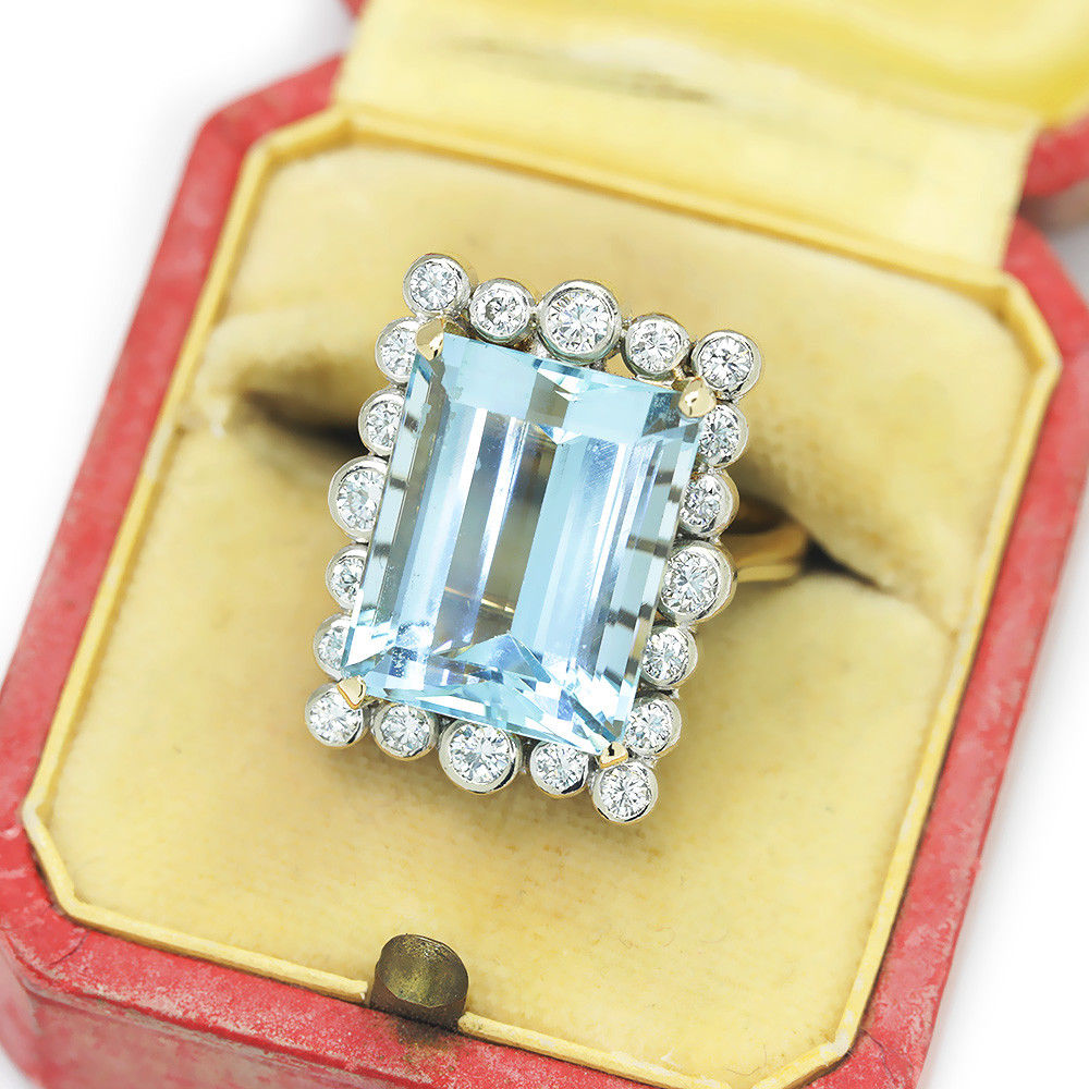 Vintage Aquamarine Ring with Diamonds in 14Kt Two Tone Gold 13.00ctw