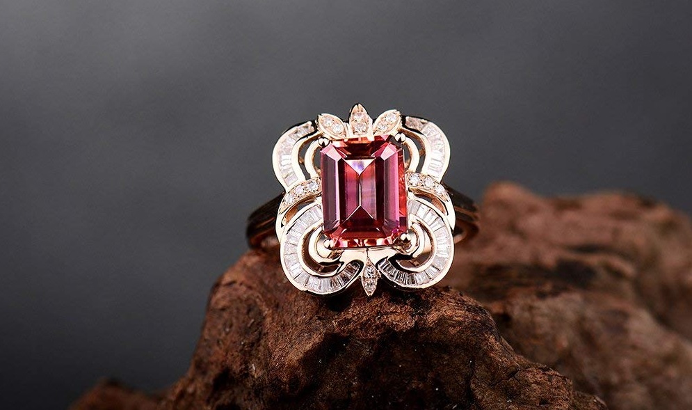 Lanmi Solid 14Kt Rose Gold Diamond Emerald Cut 7x9mm Pink Tourmaline Wedding Gemstone Ring