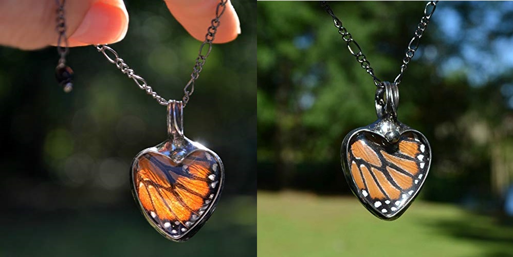 Handmade Monarch Butterfly Wing in Glass Pendant, Heart Jewelry for Women, Tiffany Artisan Necklace
