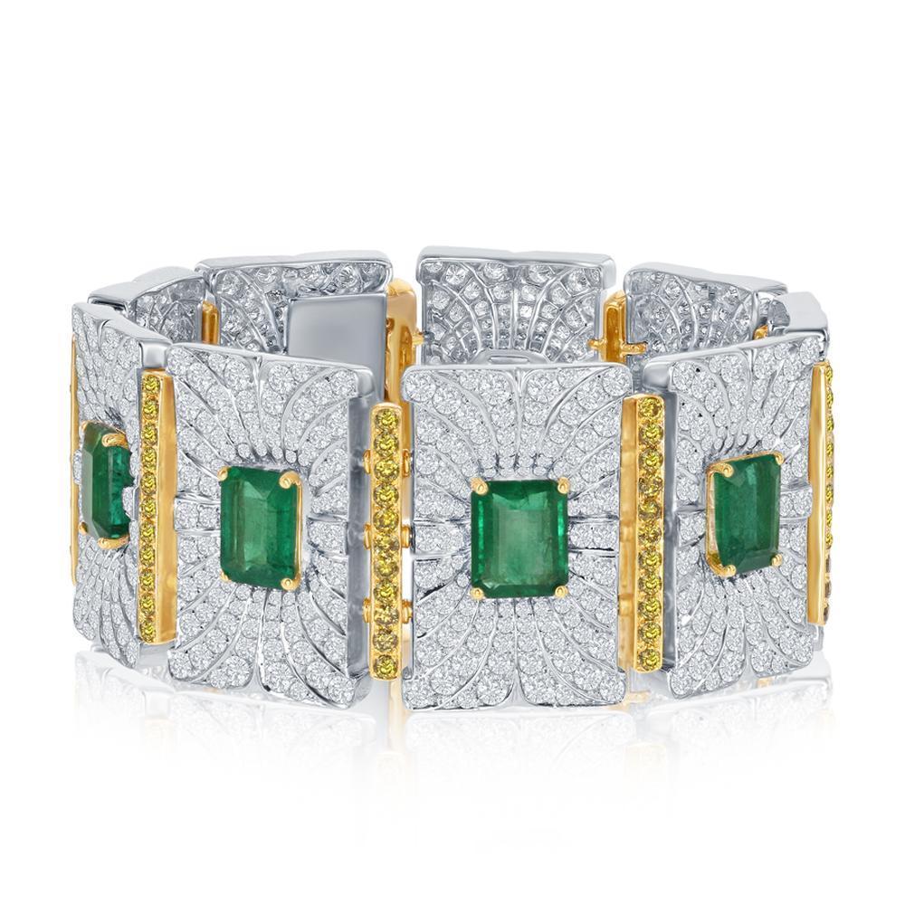 42.74 Ct Emerald and Yellow and white Diamond Bracelet in 18K White Gold