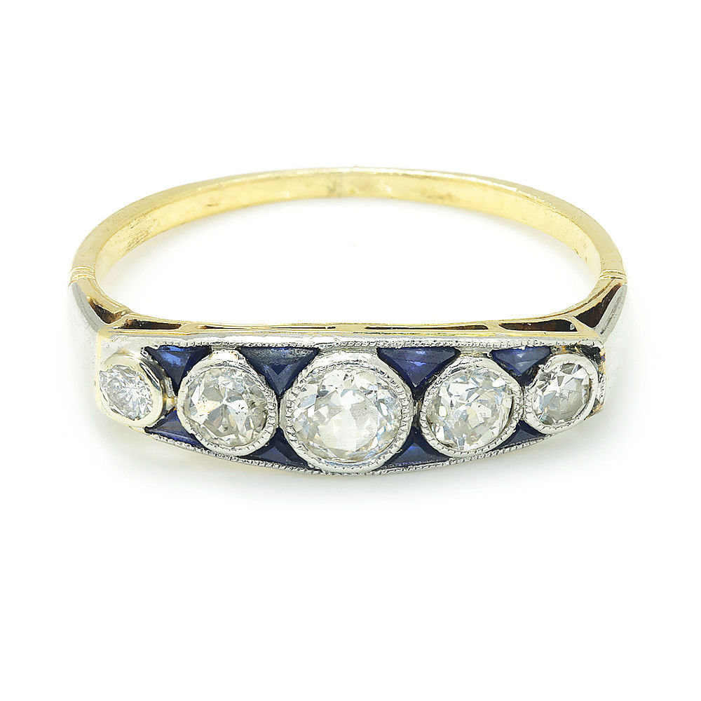 Vintage Old European Diamond Band

with Sapphires in 18Kt Two Tone Gold .50ctw