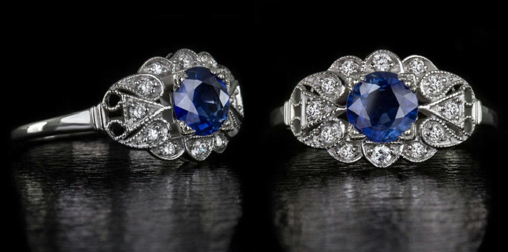 Vintage Cornflower Blue Sapphire and Diamond Art Deco Ring