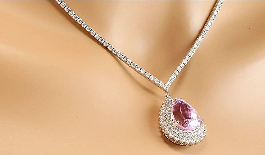 18.27 Carat Natural Pink Kunzite and Diamond (F-G Color, VS1-VS2 Clarity) 14K White Gold Luxury Drop Necklace