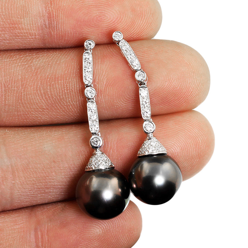 Black Tahitian Pearl Dangle Drop Earrings  with Diamonds in 18kt White Gold .70ctw 12MM