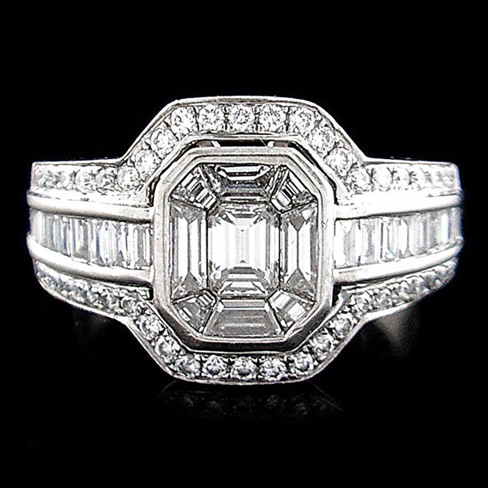 Emerald Cut Diamond Invisible Set Cluster Ring 18K White Gold 1.00ctw