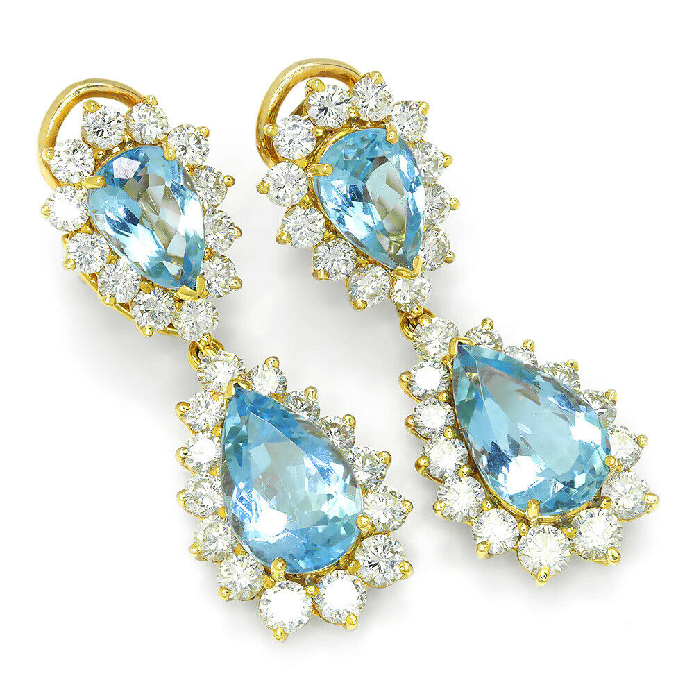 Estate Aquamarine Teardrop Dangle Earrings with Diamonds 18K 13.20ctw
