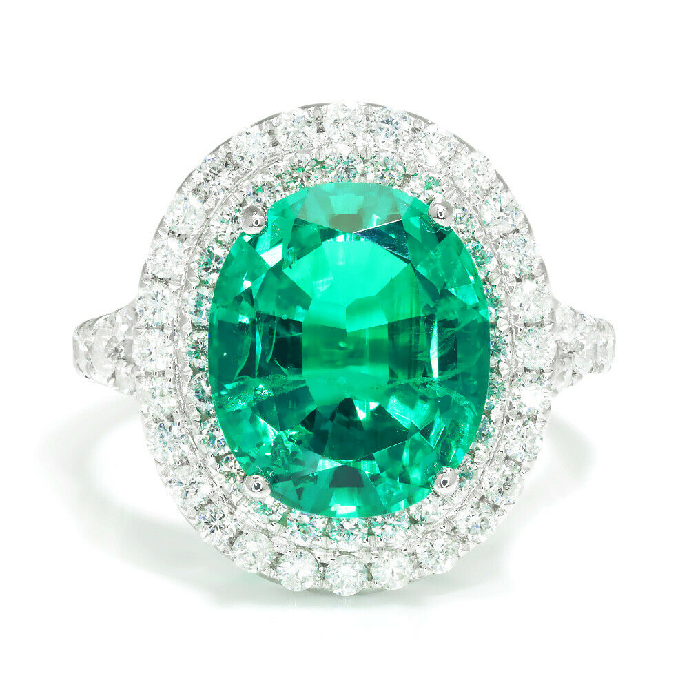 Oval Emerald Double Halo Ring with Diamonds 18K White Gold 5.54ctw