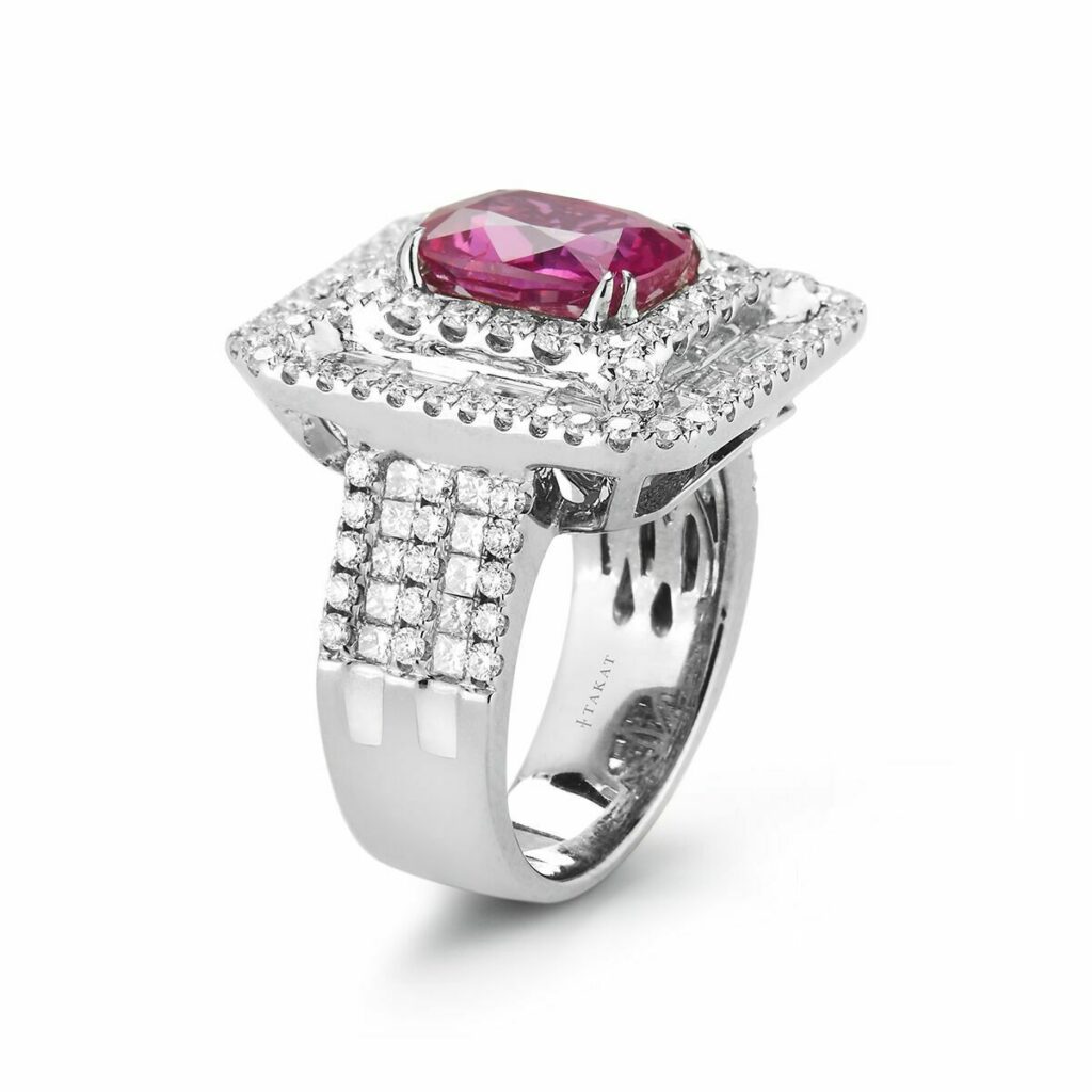 5.53 Ct Unheated Burmese Pink Sapphire and Diamond 18K White Gold Ring
